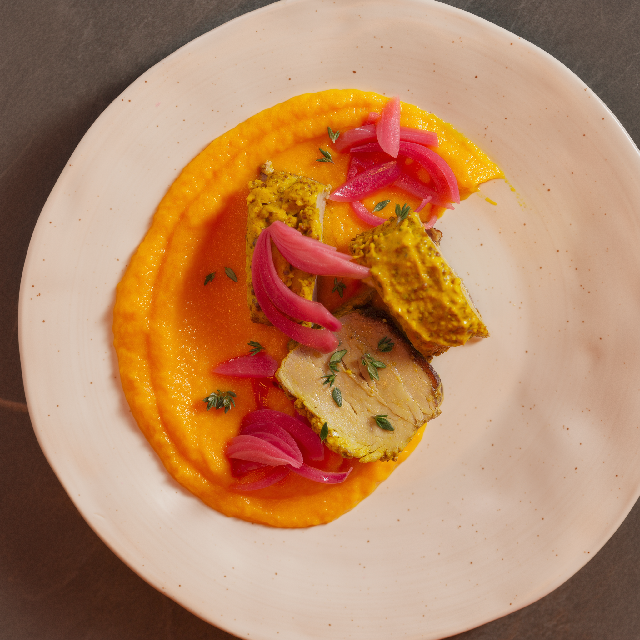 Filet mignon à la moutarde, purée de carottes et pickles d'oignons