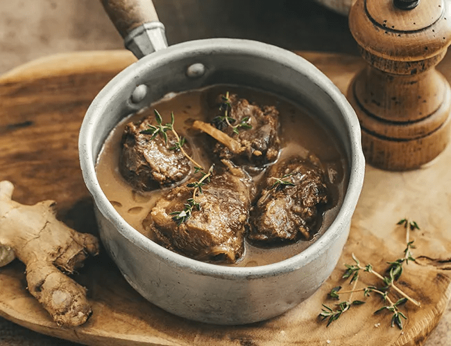 Joues de porc confites au cidre, miel et gingembre