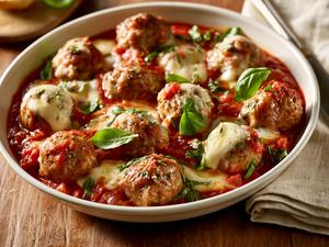 Boulettes de chair à farcir, sauce tomate, mozzarella gratinée et basilic
