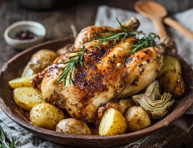 Poulet rôti, pommes de terre et artichauts