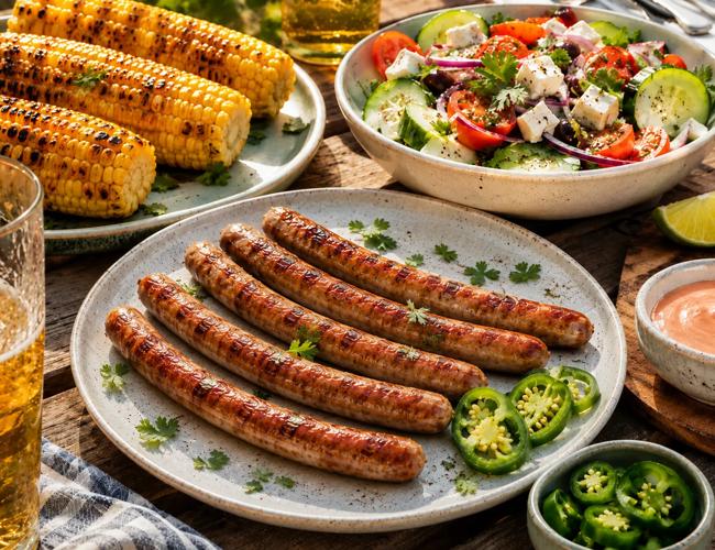 Saucisses au jalapeño, maïs grillé et salade fraîche