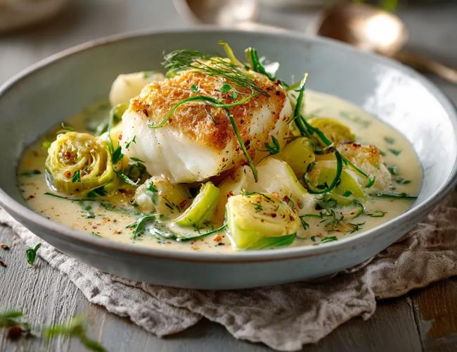 Cabillaud Skrei au beurre blanc et poireaux