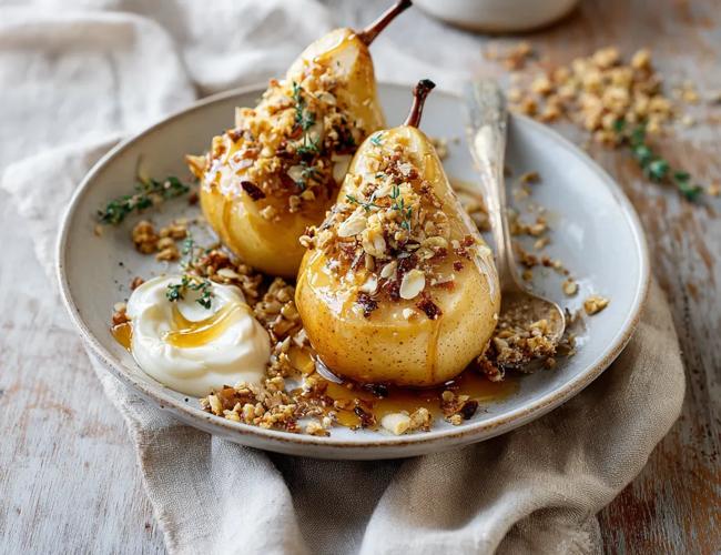 Poires rôties au miel, granola et yaourt