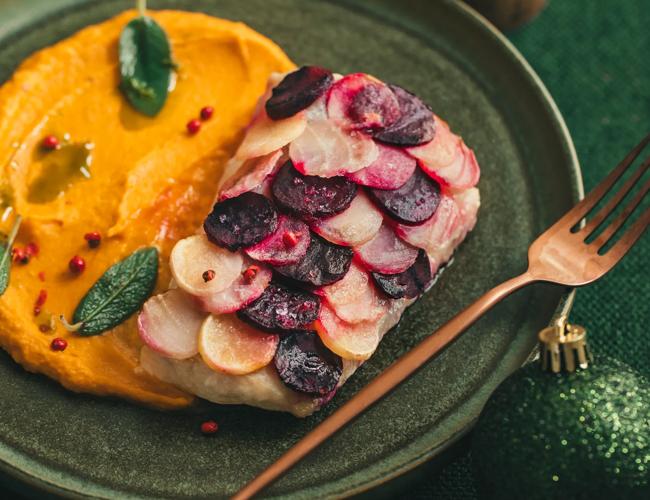 Dos de julienne en écailles de légumes et mousseline de butternut