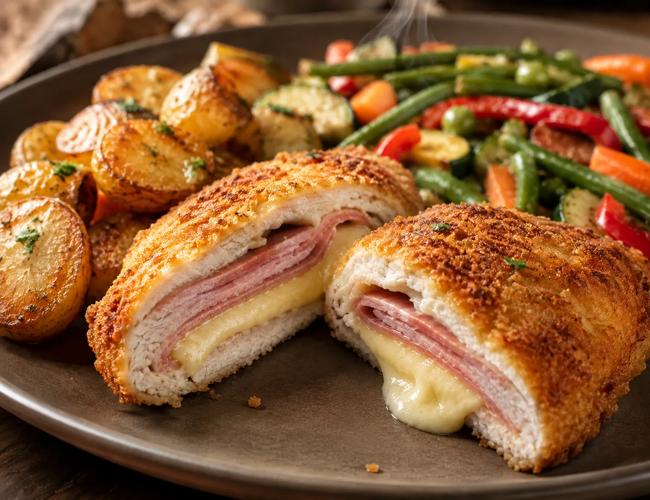 Cordon bleu de cuisse de poulet, légumes poêlés et pommes de terre sautées