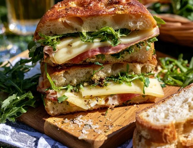 Sandwich focaccia au comté, jambon cru et roquette