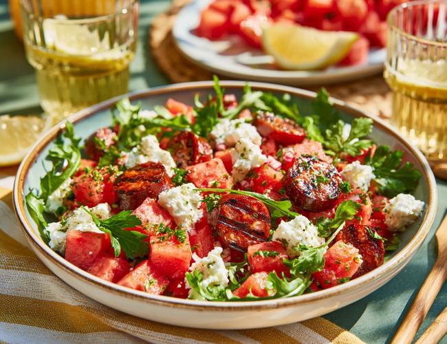 Salade à la pastèque, feta et chorizo grillé
