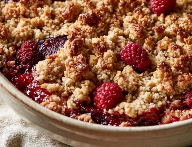 Crumble pomme, prune et framboises