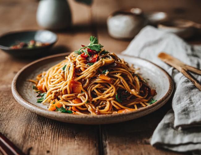 Nouilles chinoises sautées à la sauce soja, légumes croquants et piment