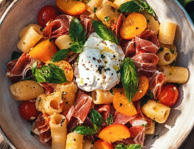 Salade de pâtes à la burrata, jambon serrano, pêches & tomates cerises