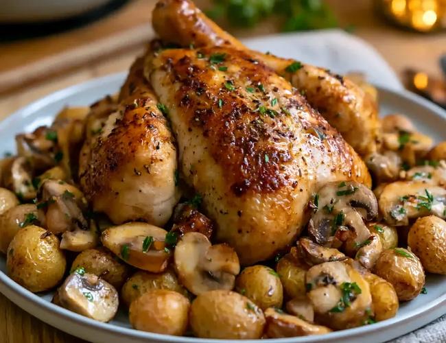 Coquelet rôti aux champignons & pommes grenailles