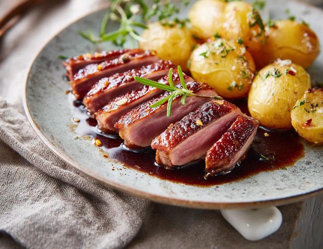 Magret de canard au piment d’Espelette, sauce miel-balsamique