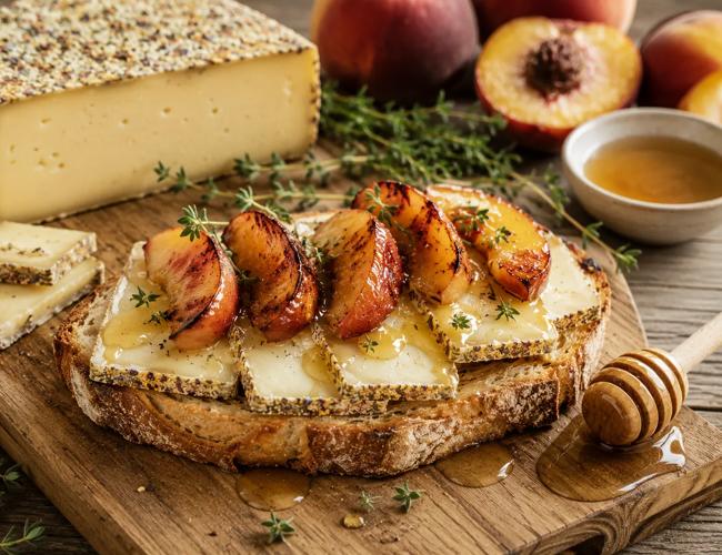 Tartines grillées à la tomme aux fleurs, pêches rôties, miel et thym