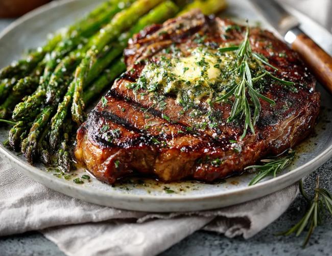 Entrecôte Angus, asperges vertes rôties et beurre à l'ail