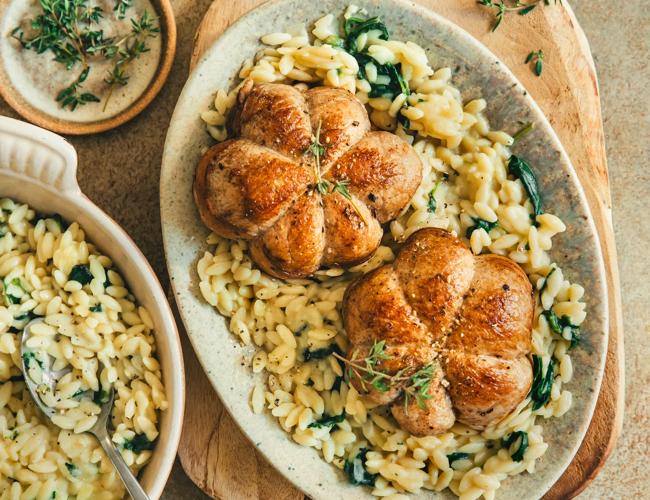 Paupiettes de poulet patate douces, orzo crémeux