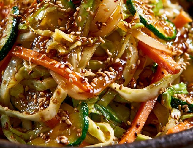 Wok de légumes au sésame : chou vert, courgette et carotte