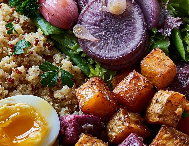 Buddha bowl chaud au radis bleu candle, butternut rôtie et œuf mollet