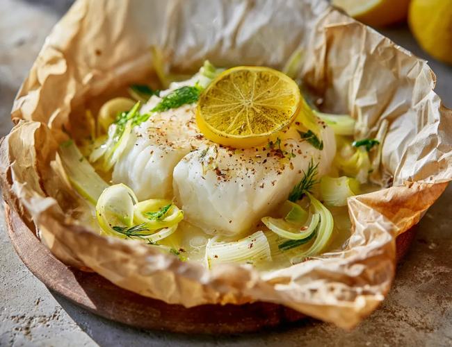Recette Papillote de cabillaud, fondue de poireaux & citron