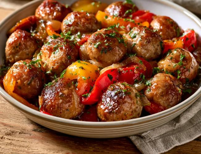 Boulettes de porc panées aux poivrons
