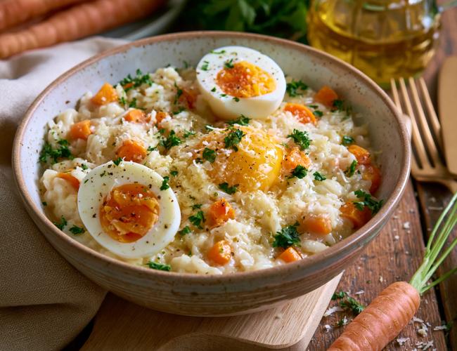 Risotto aux carottes primeurs, parmesan et œuf mollet