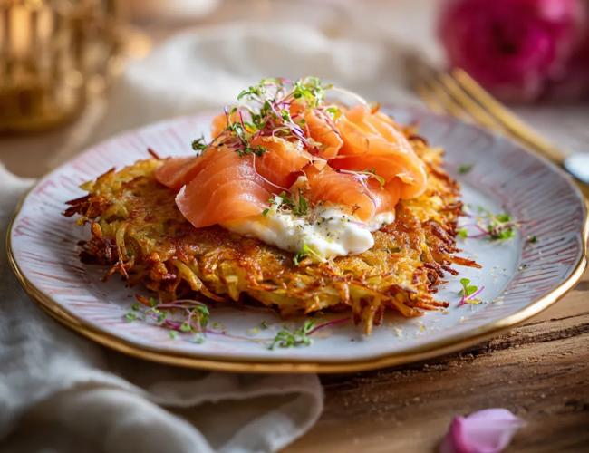 Rösti de pomme de terre au saumon fumé et à la crème citronnée et aneth