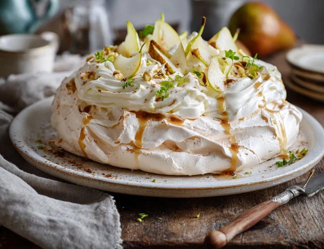 Pavlova, crème vanille et poires.