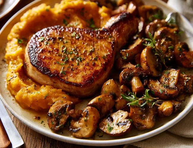 Araignée de porc, purée de potimarron et champignons poêlés