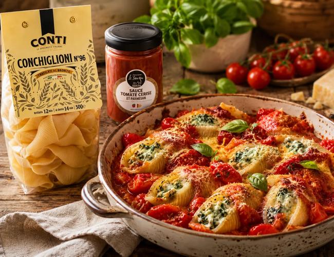 Conchiglioni farcis ricotta-épinards, sauce aux tomates cerises et parmesan