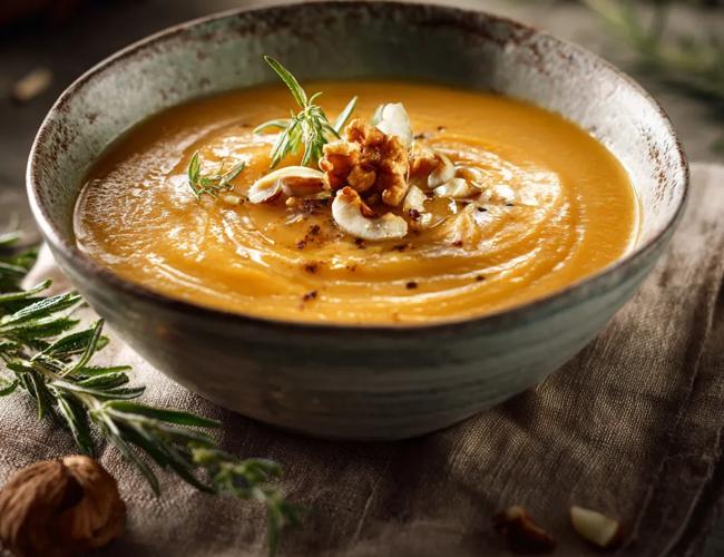 Velouté de panais, noix et jus de pomme