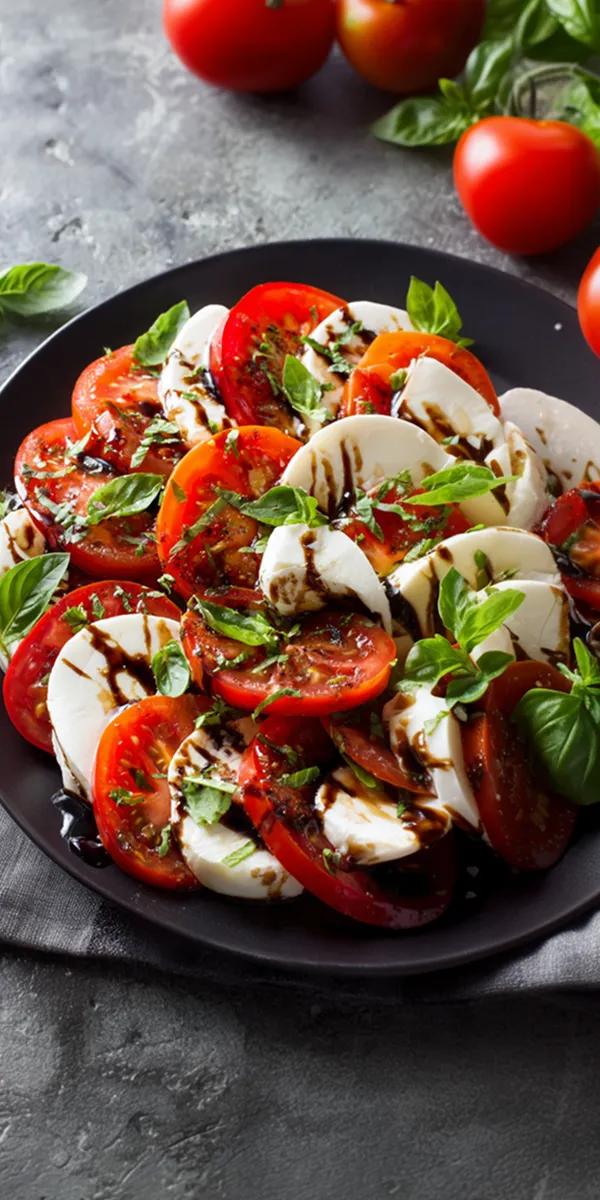 Salade de tomates, mozzarella et vinaigrette à l'ail noir
