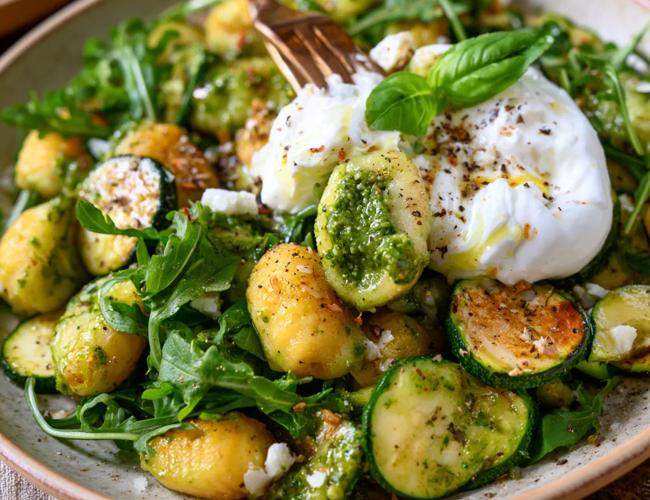 Gnocchis farcis au pesto, burrata, courgettes & roquette