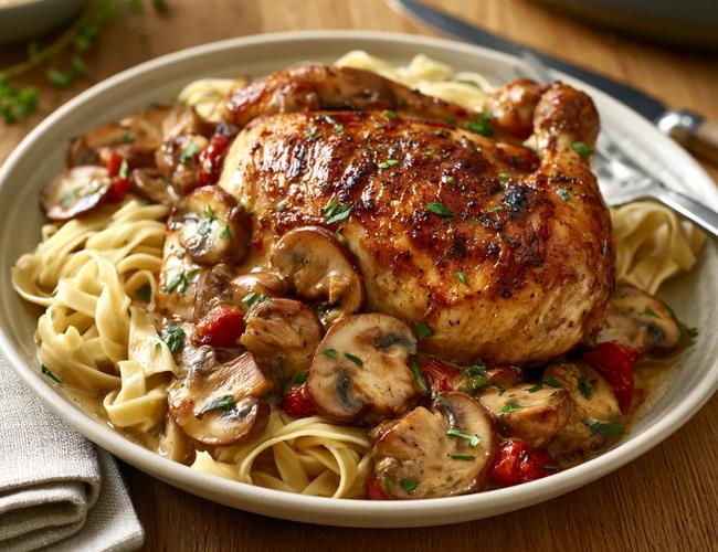 Poulet fermier entier rôti, sauce forestière et tagliatelles fraîches