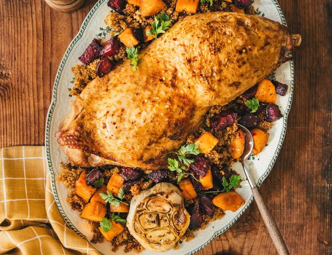 Cuisse de dinde, boulgour croustillant et légumes rôtis