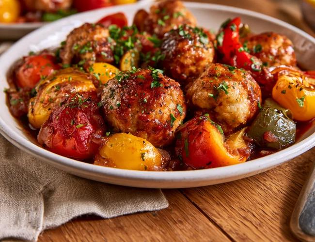 Boulettes de porc panées, poivrons rôtis & sauce au vin rouge