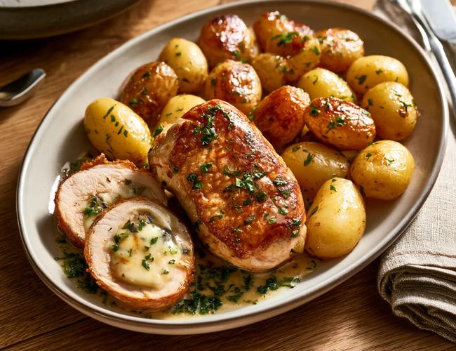 Paupiettes de dinde façon cordon bleu, sauce au thym et pommes de terre grenaille