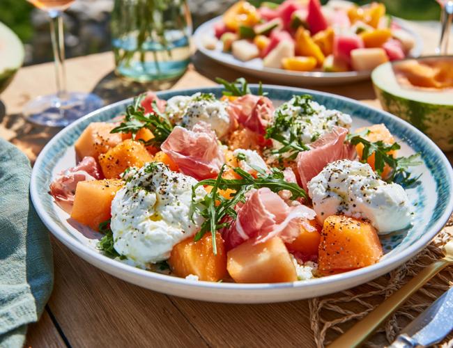 Jambon Serrano, melon et burrata