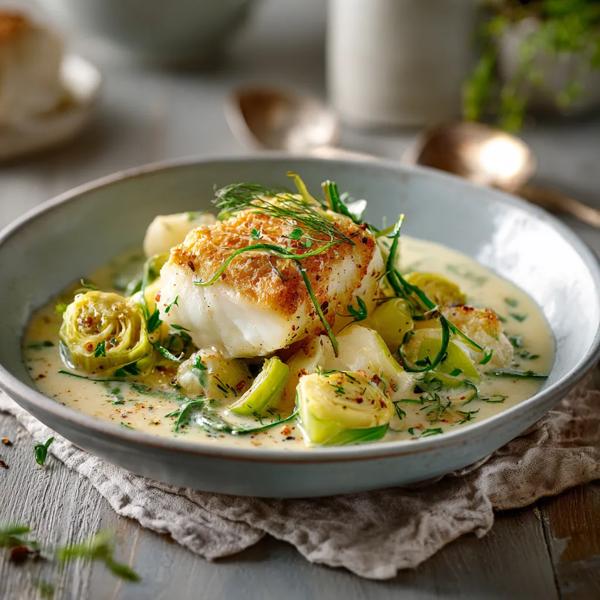 Cabillaud Skrei au beurre blanc et poireaux