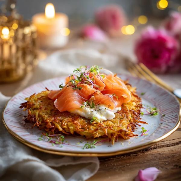 Rösti de pomme de terre au saumon fumé et à la crème citronnée et aneth