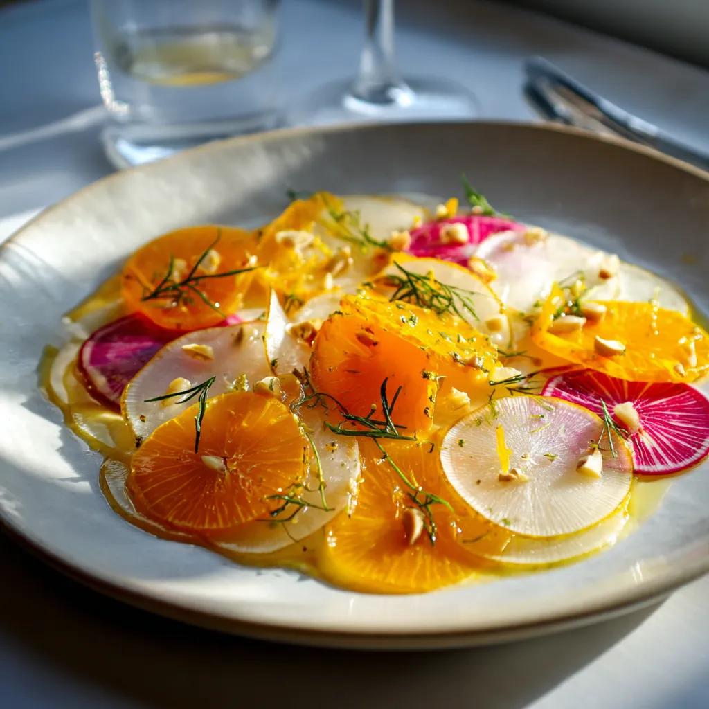Carpaccio de radis noir, poutargue et orange
